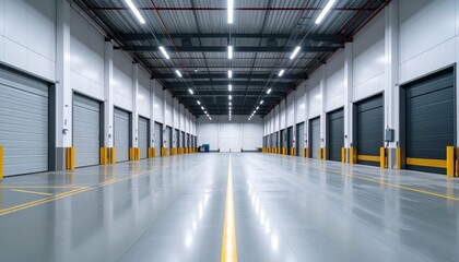Spacious Minimalist Warehouse Interior with Loading Docks and Lights