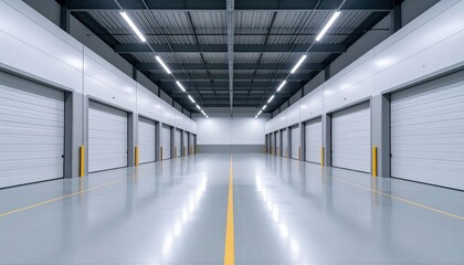 Spacious Minimalist Warehouse Interior with Loading Docks and Lights