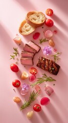 Grilled steak with bread and vegetables on pink background