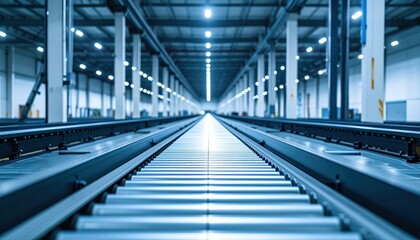 Minimalist High Bay Warehouse with Conveyor Belts in Ambient Light