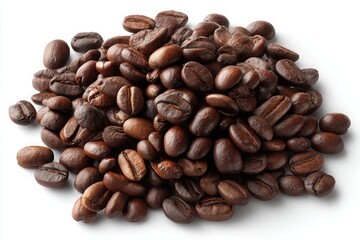 Obraz premium Freshly roasted coffee beans piled on a white background ready for brewing