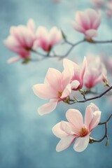 Blooming magnolia flowers against a soft blue background during springtime in a tranquil garden setting