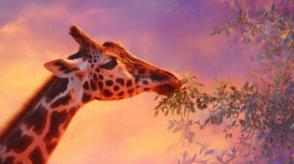 Sunset Giraffe Baby Giraffe Enjoying Leaves at Dusk