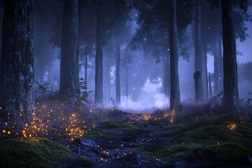 Enchanted forest with glowing lights and mist among the tall trees scene