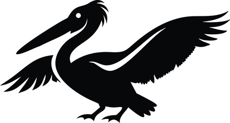 Obraz premium Black silhouette reveals an elegant pelican spreading its wings in striking detail against white