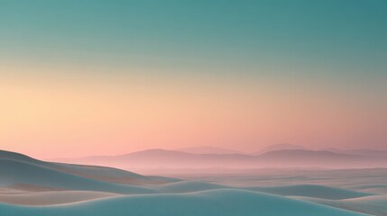 Soft pastel hues blend across desert dunes at sunrise with distant mountains creating a tranquil landscape