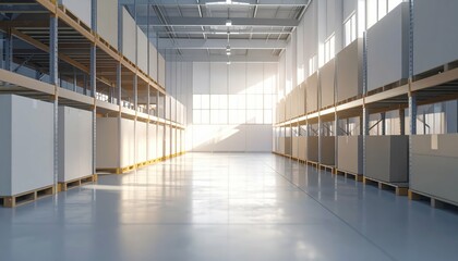 Obraz premium Minimalist Pallet Racking System in Soft Morning Light with Machines