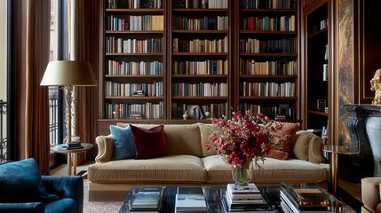 A chic living room features a bookcase, comfy sofa, and coffee table.
 