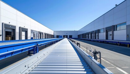 Minimalist Warehouse with Conveyor Belts Under Harsh Midday Sun