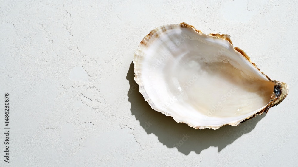 Poster Oyster shell sits open on a textured white surface casting a shadow. - high quality Oyster shell sits open on a textured white surface casting a shado
