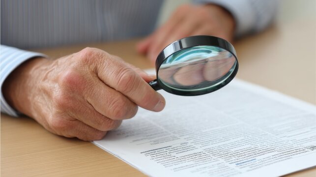 A hand examines a printed job listing in a local paper using a magnifying glass to view employment opportunities, with plenty of copy space available