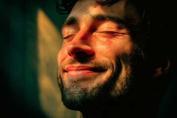 A content man basks in the golden light, embracing serenity and happiness, radiating an aura of calmness