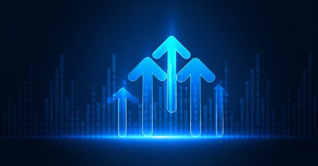 Abstract Digital Growth: Upward Trending Arrows in a Futuristic Tech Landscape