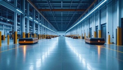 Fototapeta premium Minimalist Warehouse with Automated Guided Vehicles and Ambient Lighting