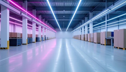 Fototapeta premium Modern Minimalist Warehouse Interior with Neon Lighting Accents