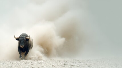 A powerful bull charges aggressively through a dusty arena, creating swirling clouds of dust in a display of strength and dominance during an intense moment