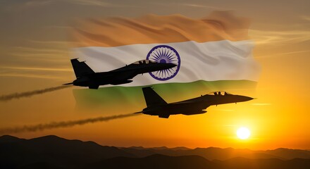 Jet Aircraft Flying at Sunset with india waving flag background design