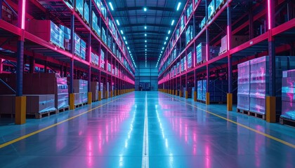Fototapeta premium Modern Automated Warehouse with Pallet Racking and Neon Accents