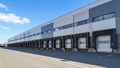 Modern Warehouse Exterior with Loading Docks and Clear Blue Sky