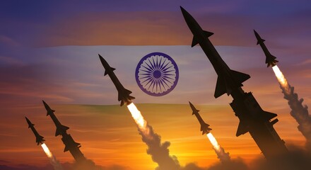 Launching Rockets Against Dramatic Sky with a india Flag Silhouette