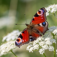Beautiful Peacock Butterfly on White Flower in Nature