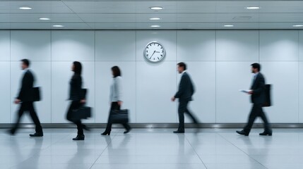 Fototapeta premium Employees walk briskly through a blurred office hallway, emphasizing workplace activity, while a mounted clock ticks away in the background