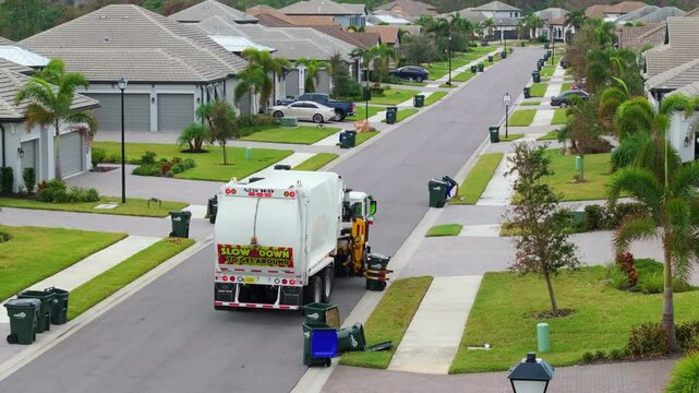 Garbage truck loading trash bin from the curb of American neighborhood.