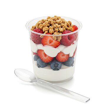 yogurt parfait with fruit layers and granola topping in plastic cup, spoon on side, product focused layout, isolated on white background