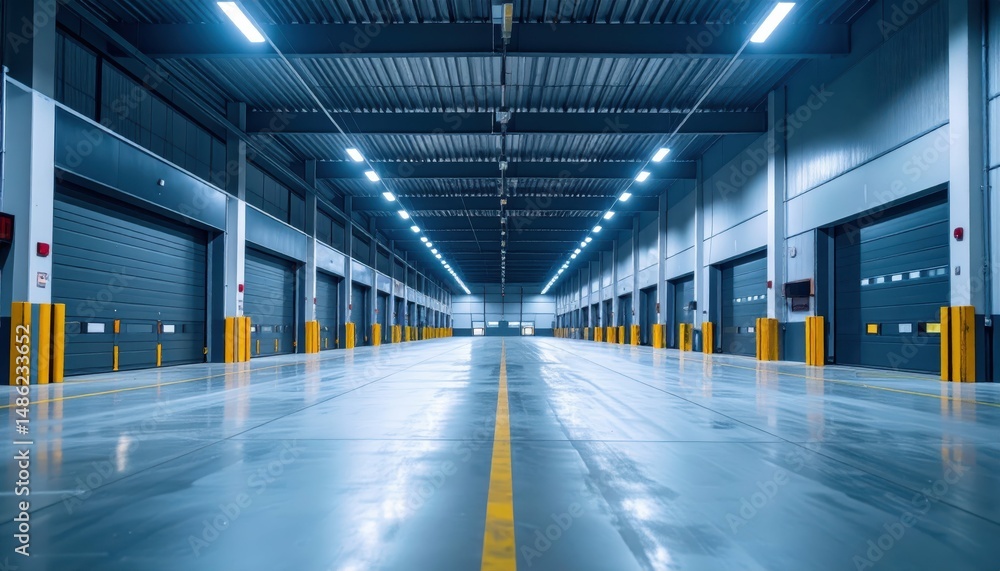 Poster modern fulfillment center with loading docks and ambient lighting