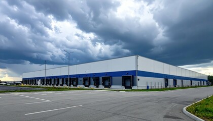 Obraz premium Modern Distribution Center with Loading Docks Under Stormy Skies