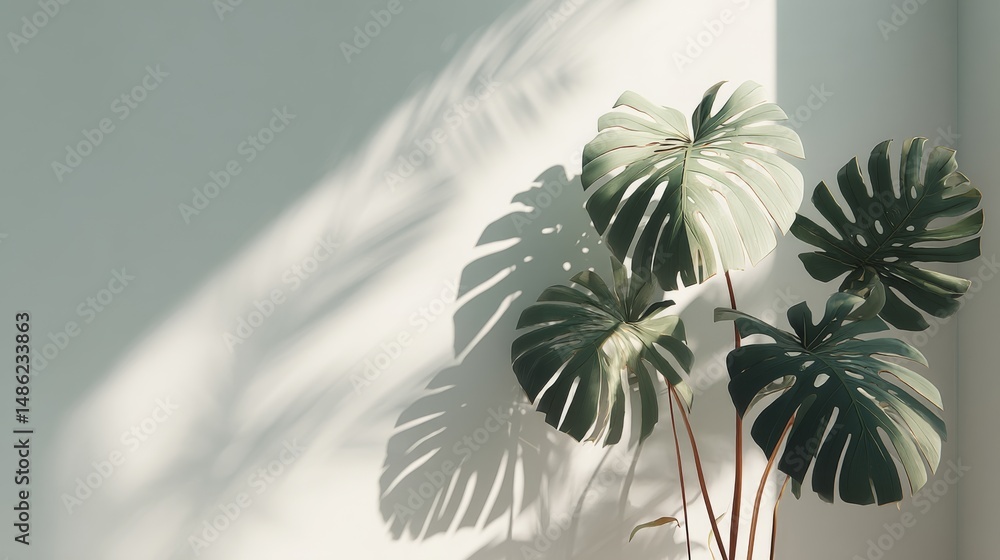 Poster centered view of overlapping monstera leaves on a white backdrop highlights natural edges and intric