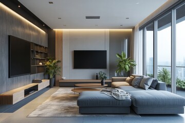 Well appointed living area with large windows and comfortable furniture set