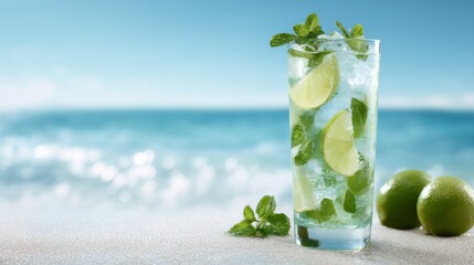 Enjoy a refreshing mojito in a frosty glass, garnished with fresh lime and mint, set against the vibrant backdrop of a tropical lagoon