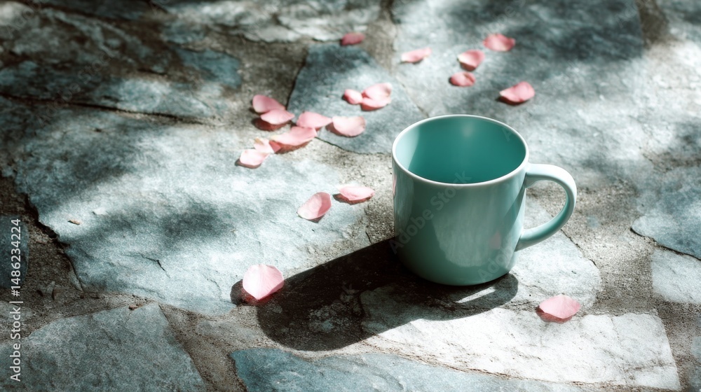 Poster a mint green mug rests on a textured stone surface scattered with rose petals, illuminated by soft s
