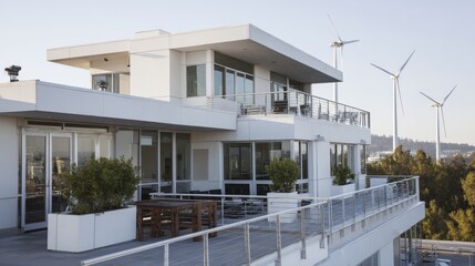 Sleek wind turbines rotate atop a modern rooftop, emphasizing sustainability and eco-friendliness under a clear blue sky, with ample copy space available