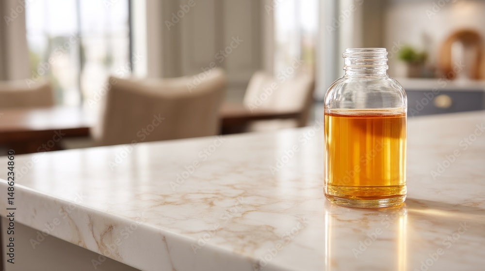 Aufkleber a close-up view showcases a clear glass bottle of golden syrup resting on a smooth stone countertop 