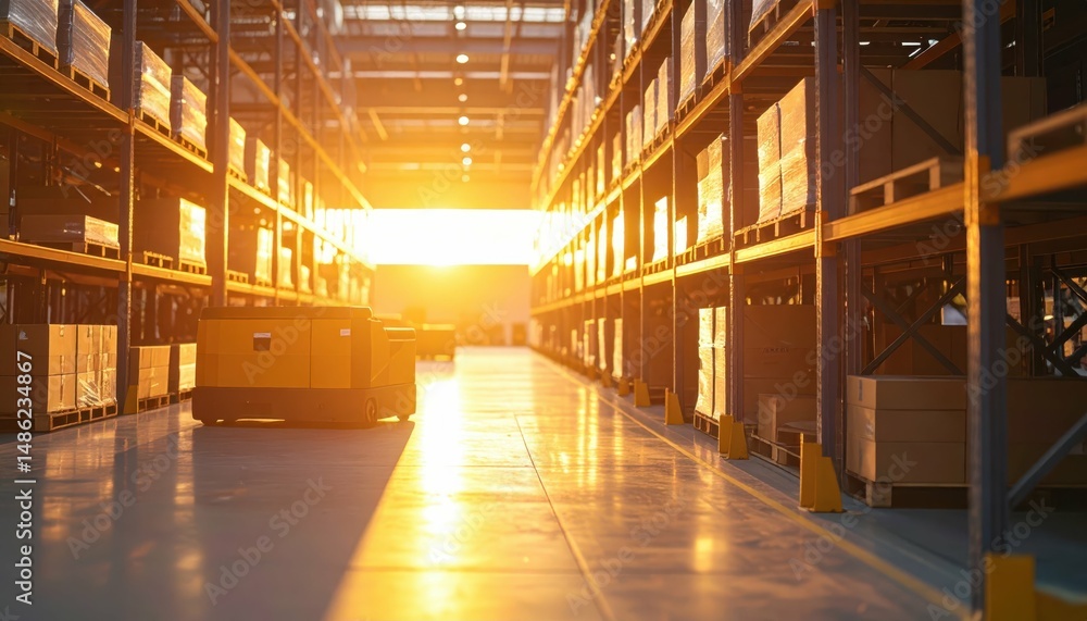 Aufkleber modern pallet racking system with robotic pickers in golden hour light