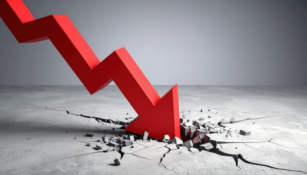 Financial Downturn: A dramatic depiction of financial uncertainty is conveyed through a bold red arrow piercing downward through a cracked concrete surface.