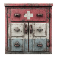 Vintage red white blue medical cabinet antique drawer old wood on transparent background