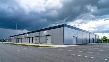 Obraz premium Modern Industrial Storage Facility Under Stormy Skies