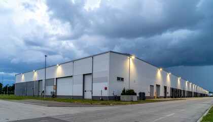 Obraz premium Modern Storage Facility with Industrial Lighting Under Stormy Skies