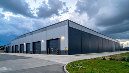 Obraz premium Modern Storage Facility with Industrial Lighting Under Stormy Skies