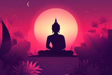 Silhouette of Buddha in lotus pose at sunset evokes spiritual peace and relaxation