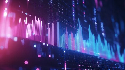 Digital stock market chart with step graph, rising bars representing investment growth, blue financial background, futuristic business analysis concept, economic trends visualization.