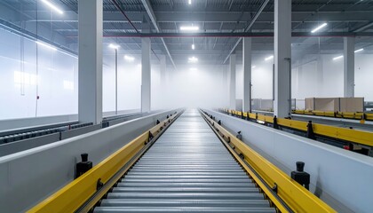 Obraz premium Foggy Modern Warehouse Mezzanine with Conveyor Belts and No People