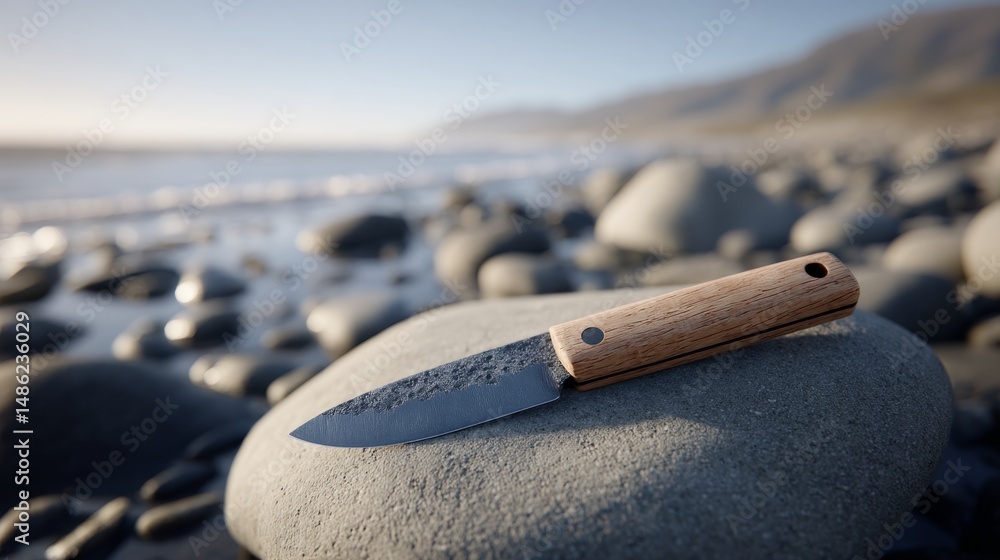 Aufkleber A close-up of a utility blade with a wooden handle placed on a smooth stone, highlighted by natural light, emphasizing its rugged design and craftsmanship
