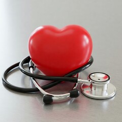 A premium close-up of a red heart symbol wrapped with a stethoscope on a metallic surface, highlighting heart health and cardiology. Glossy textures, soft lighting, VOGUE-inspired aesthetic, perfect f