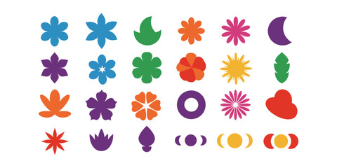 "Colorful Abstract Floral and Nature Pattern – Bright Hand-Drawn Flowers, Leaves, and Moon Shapes Background"