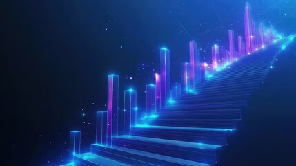 Fototapeta premium Digital stock market chart with step graph, rising bars representing investment growth, blue financial background, futuristic business analysis concept, economic trends visualization.