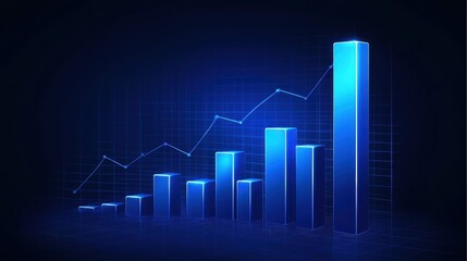 Digital stock market chart with step graph, rising bars representing investment growth, blue financial background, futuristic business analysis concept, economic trends visualization.